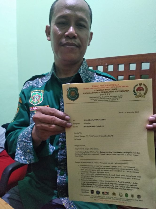 
 Lembaga Investigasi Bapan, Layangkan Surat Ke PLN Babelan Terkait Kurang Pengawasan