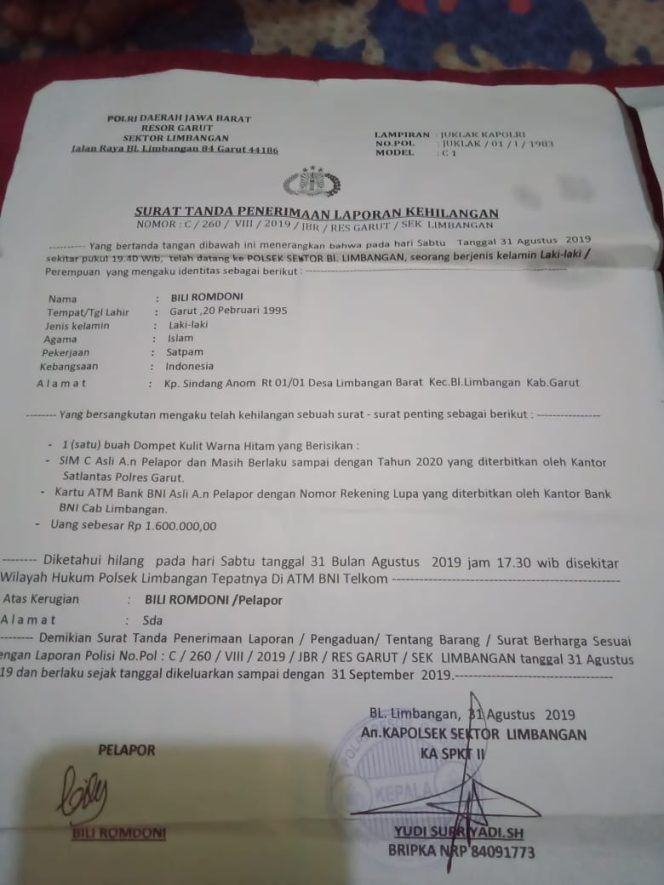 
 Berita Kehilangan : Telah Hilang Dompet Berisikan Surat Surat Penting