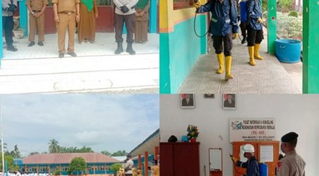 Teks : Bakti Brimob Aceh, Semprot Disinfectan dan Sosialisasi Covid-19 di Sejumlah Sekolah di Aceh Timur. Senin (20/07/2020).