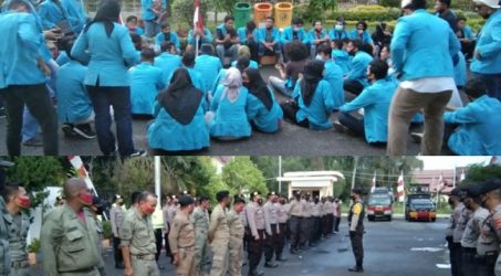 Foto : Sejumlah Mahasiswa aksi yang bertahan dan Apel Pasukan Pengamanan.