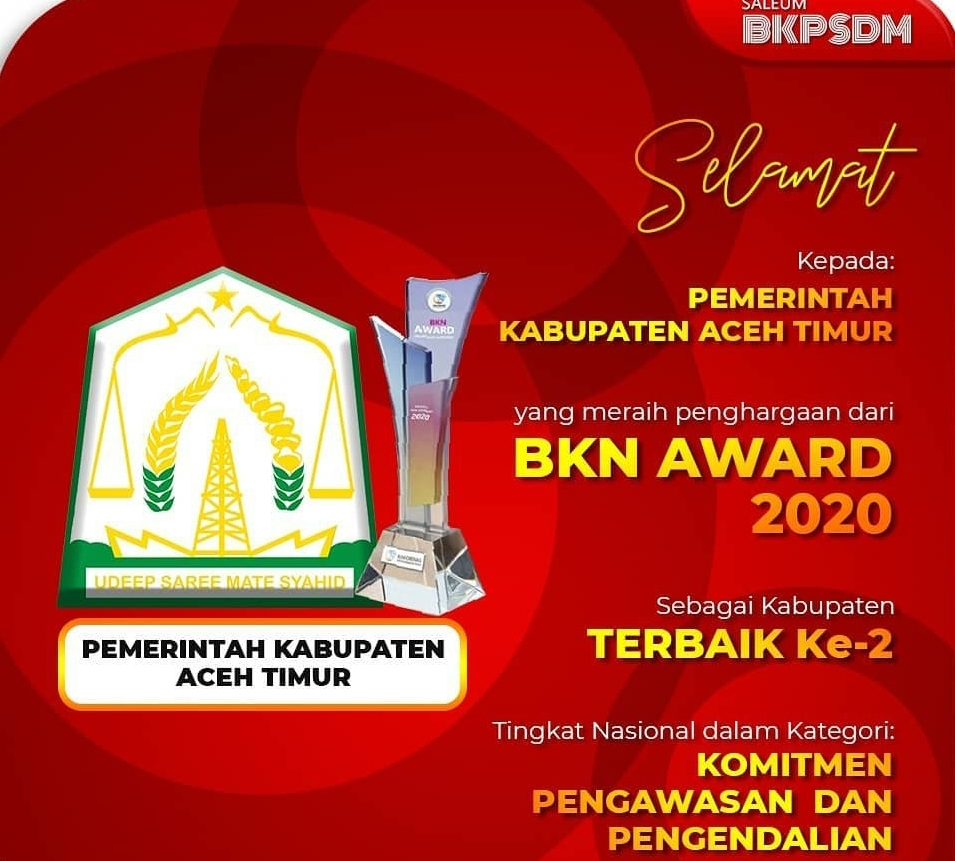 Teks Foto : Pemkab Aceh Timur raih penghargaan BKN Award 2020.