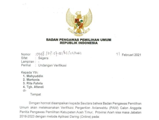 
 Bawaslu RI Undang PAW Calon Panwaslih Aceh Timur untuk Diverifikasi