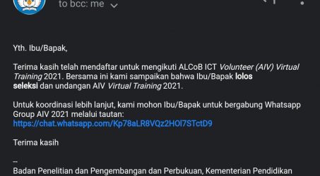 Teks : Laman kiriman email dari ALCoB ICT Volunteer 2021