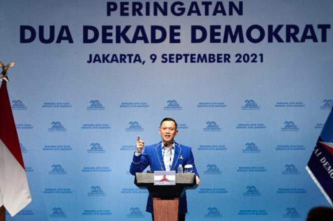 
 Foto : Ketua Umum Partai Demokrat Agus Harimurti Yudhyono (AHY) saat pidato peringatan dua dekade Partai Demokrat.