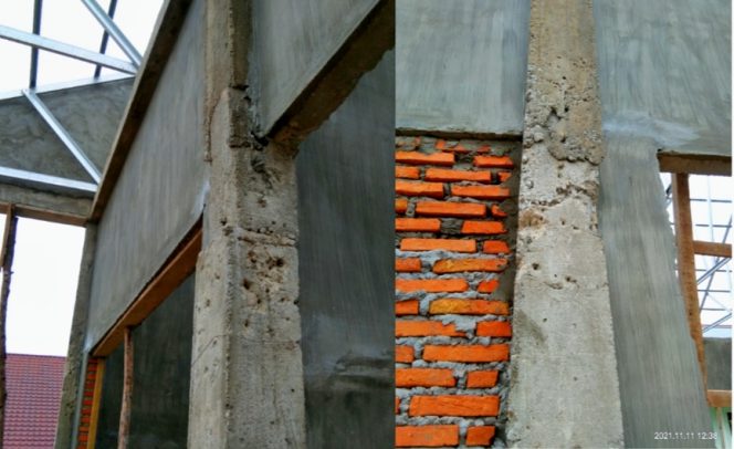 
 Foto : Pengecoran tiang balok kolom seperti disambung dan retak-retak.