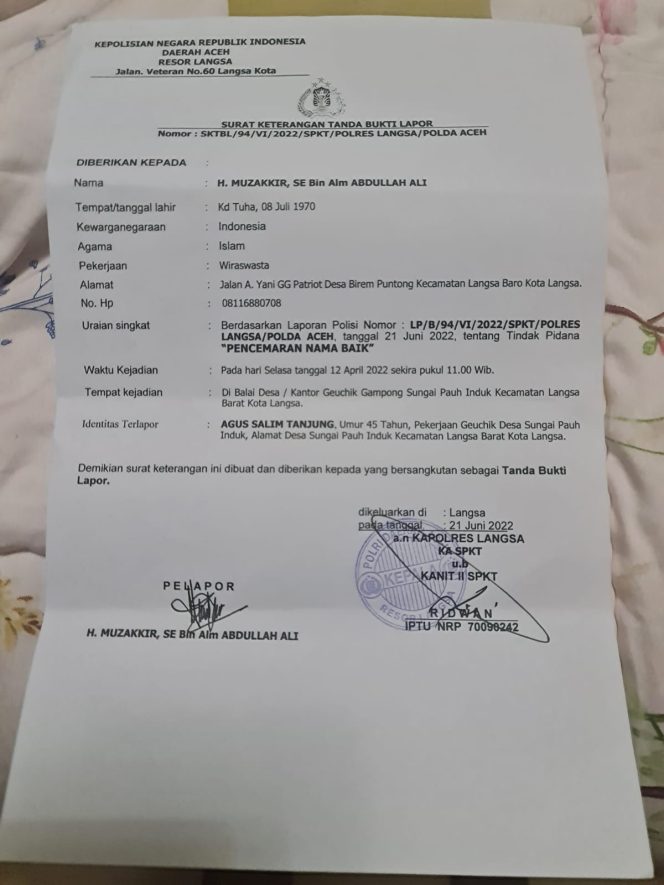 
 Diduga Cemarkan Nama Baik, H Muzakkir Polisikan Geuchik Sungai Pauh Induk