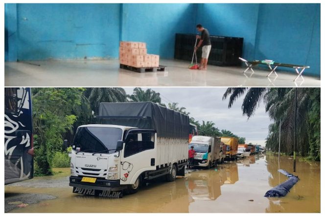 
 Atas : Gudang Logistik, Bawah : Salah satu titik jalan negara terendam banjir.