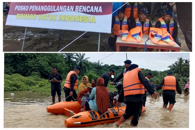 
 Tim SAR Brimob Evakuasi dan Dirikan Posko Banjir Tamiang