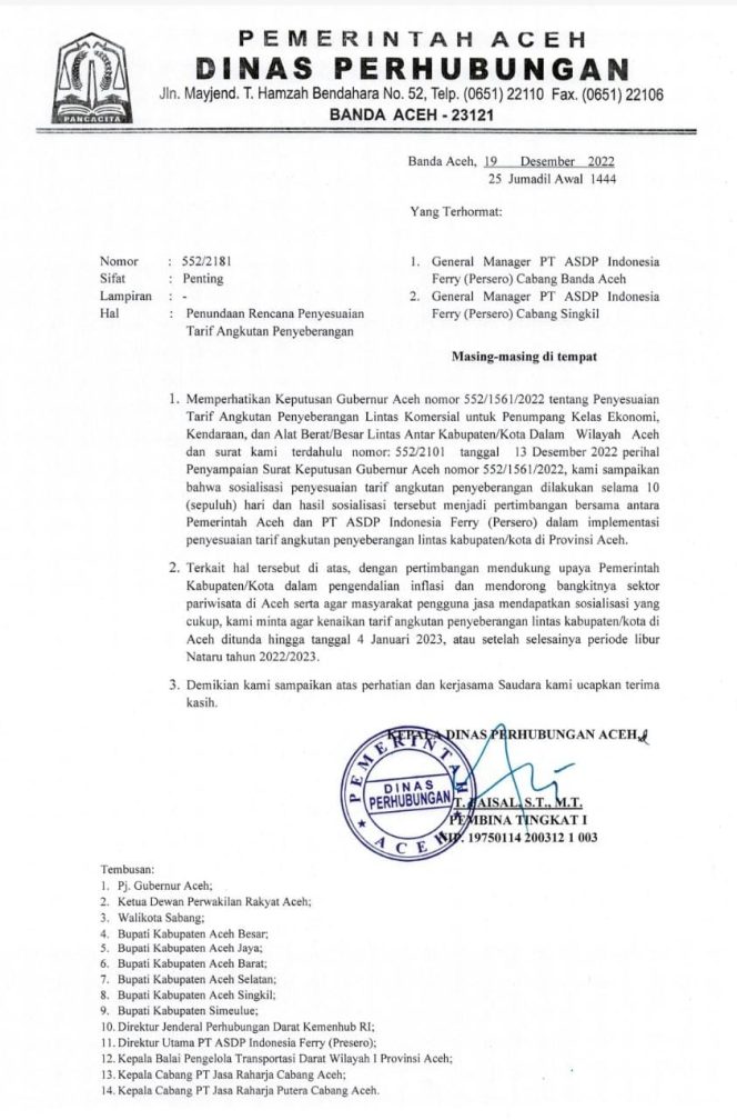 
 Pemerintah Aceh Tunda Berlakukan Harga Tiket Kapal Fery