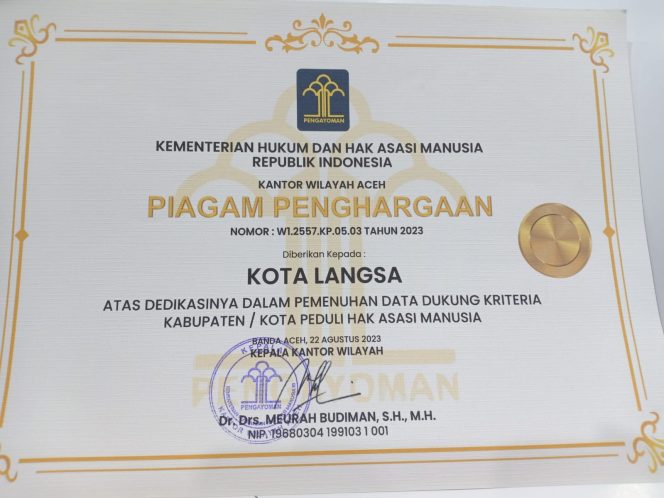
 Pemko Langsa Raih Penghargaan dari Kemenkumham
