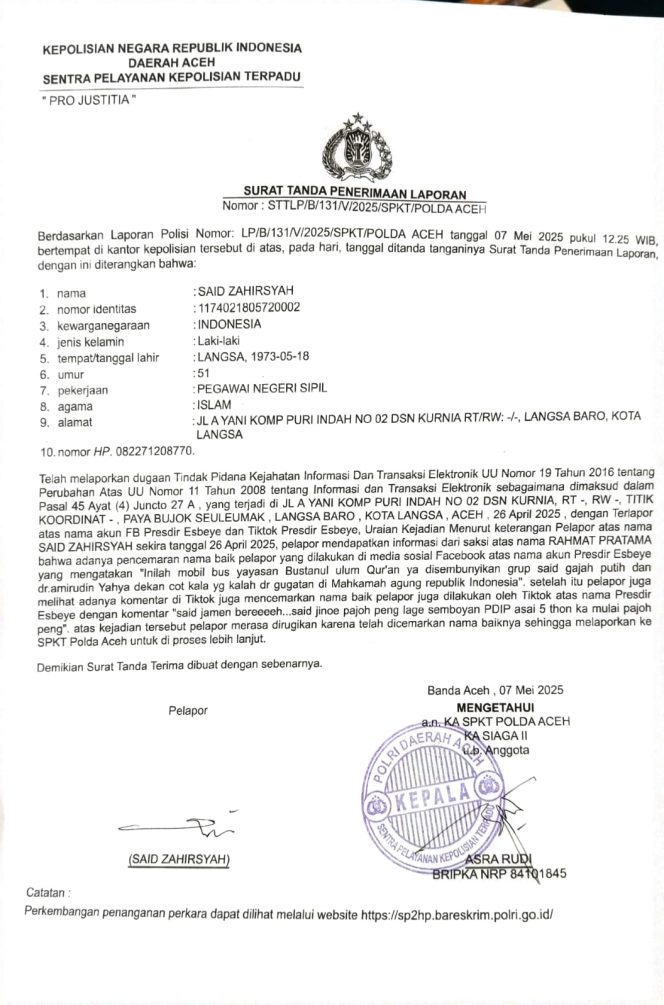 
 Diduga Cemarkan Nama Baik, Akun FB dan Tiktok “Presdir Esbeye” Dilaporkan ke Polda Aceh